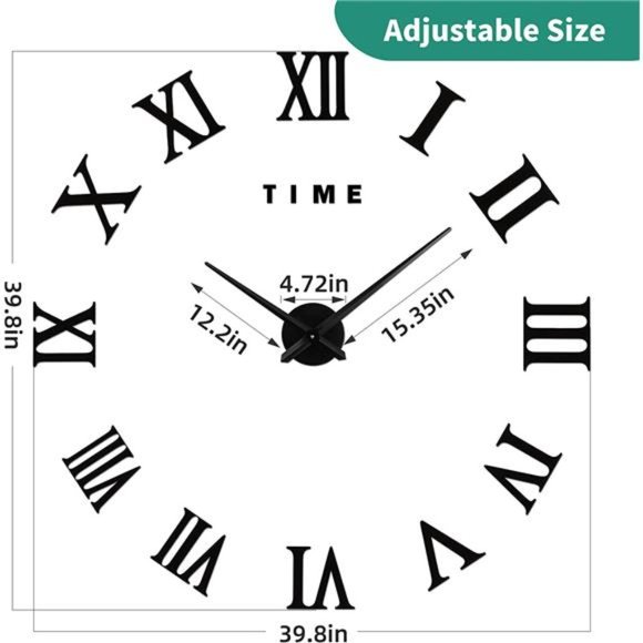 Large 3D Wall Clock, Giant Roman Numerals Clock Frameless Mirror Big Wall Clock - Picture 3 of 5